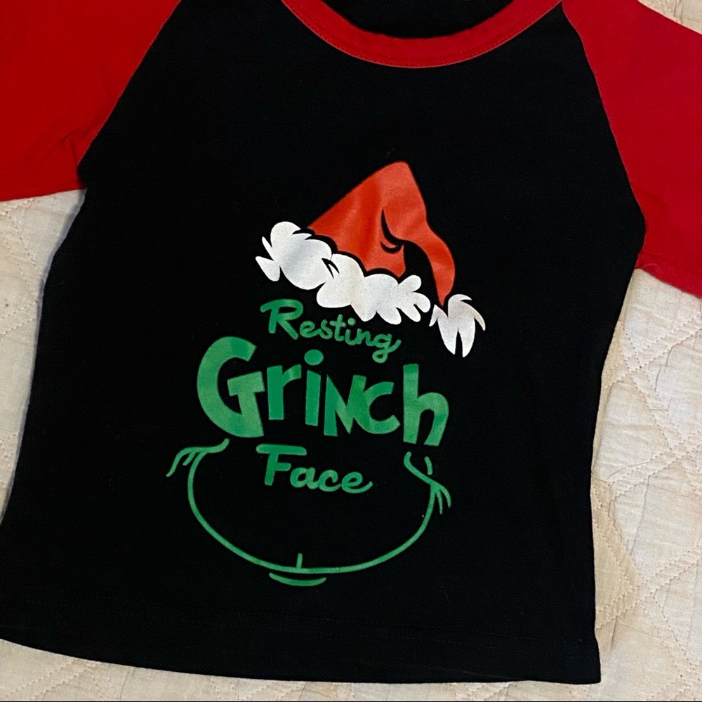 “Resting Grinch face” baby baseball style tee. Cute for Christmas - Picture 2 of 5